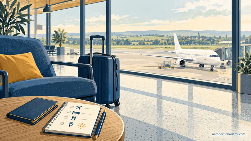 Valise et carnet de préparation illustrés face à une aire d’aéroport.