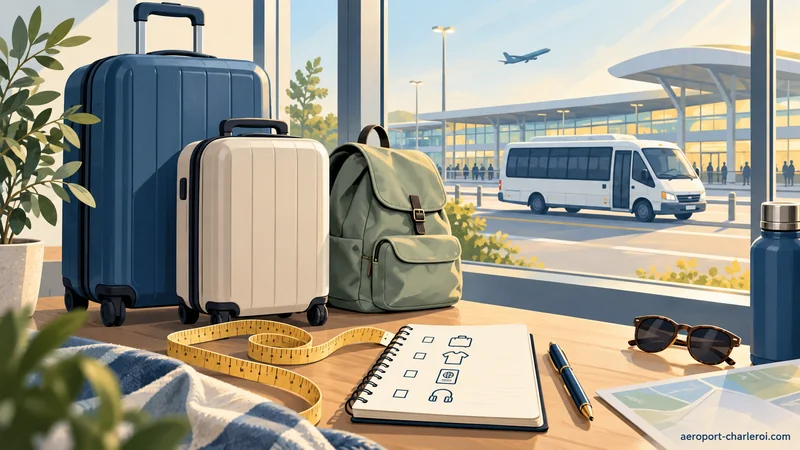Bagages et mètre ruban illustrés, avec une navette à l’extérieur.